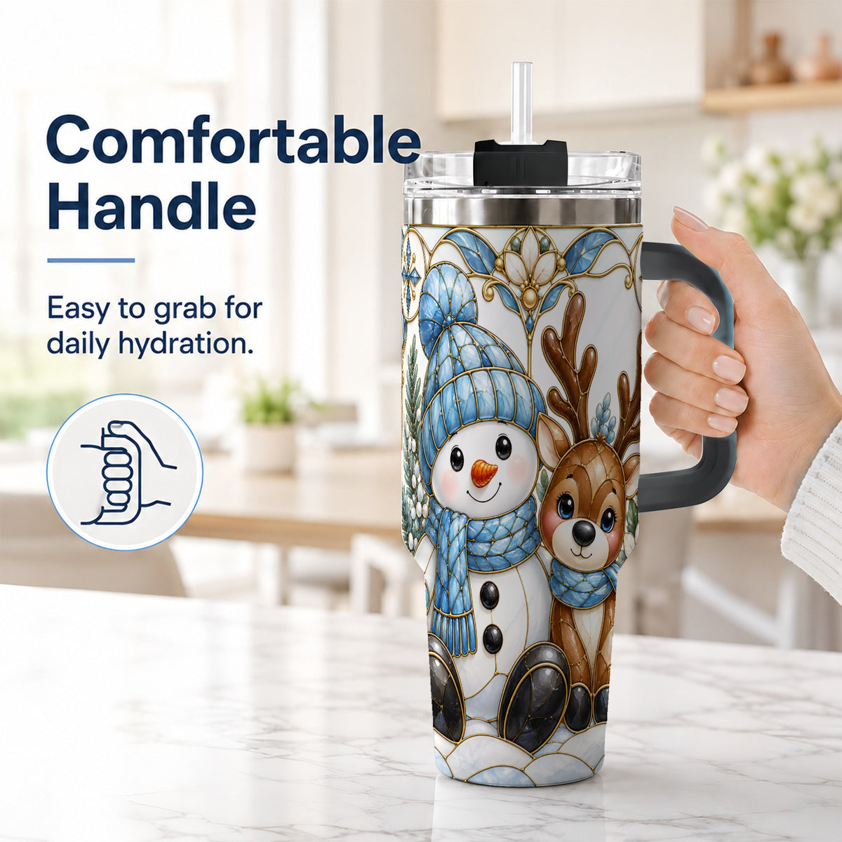 #pl[40oz|Black] Snowman Reindeer 40oz Tumbler with Handle, Winter Travel Cup