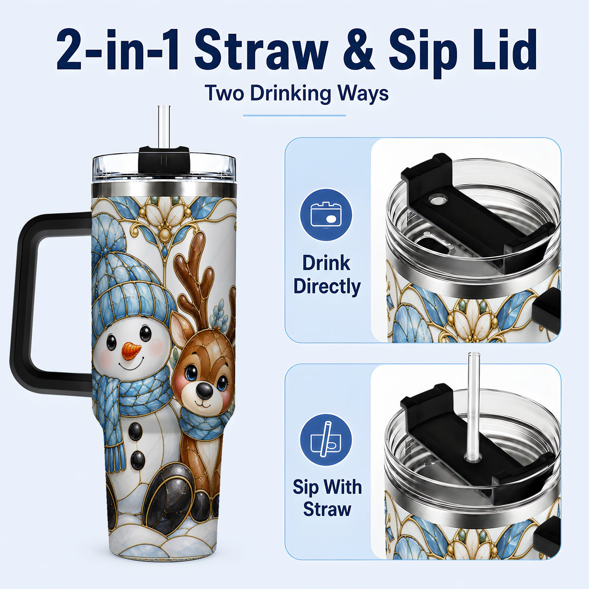 #pl[40oz|Black] Snowman Reindeer 40oz Tumbler with Handle, Winter Travel Cup