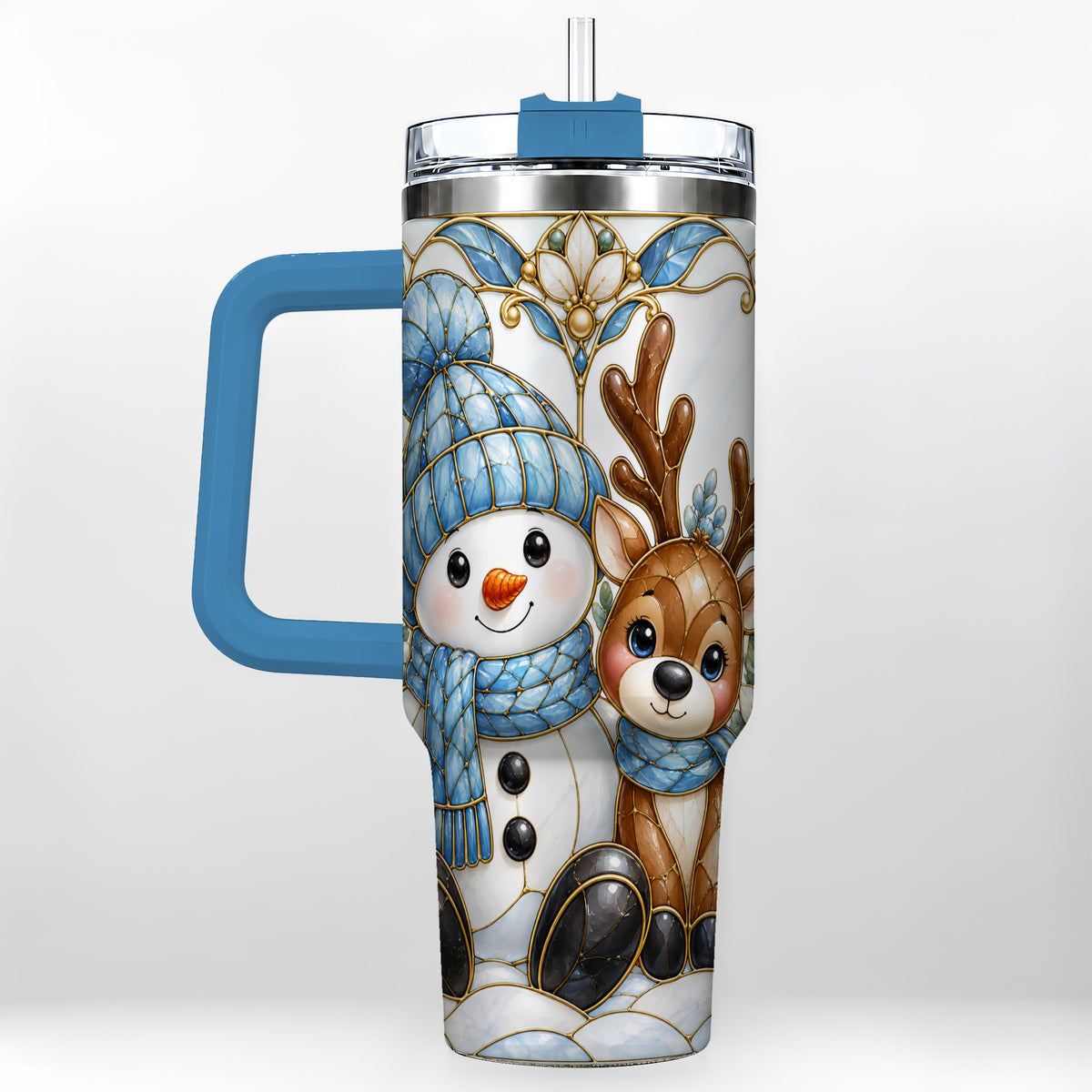 #pl[40oz|Blue] Snowman Reindeer 40oz Tumbler with Handle, Winter Travel Cup
