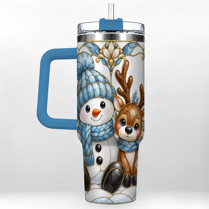 #pl[40oz|Blue] Snowman Reindeer 40oz Tumbler with Handle, Winter Travel Cup