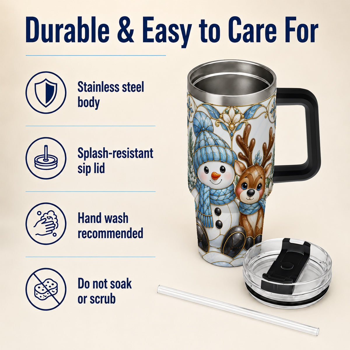 #pl[40oz|Black] Snowman Reindeer 40oz Tumbler with Handle, Winter Travel Cup