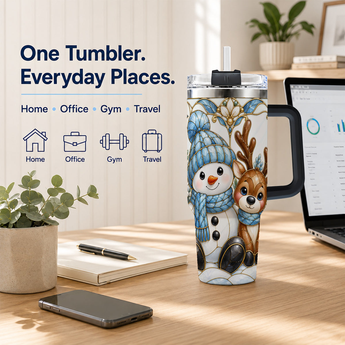 #pl[40oz|Black] Snowman Reindeer 40oz Tumbler with Handle, Winter Travel Cup