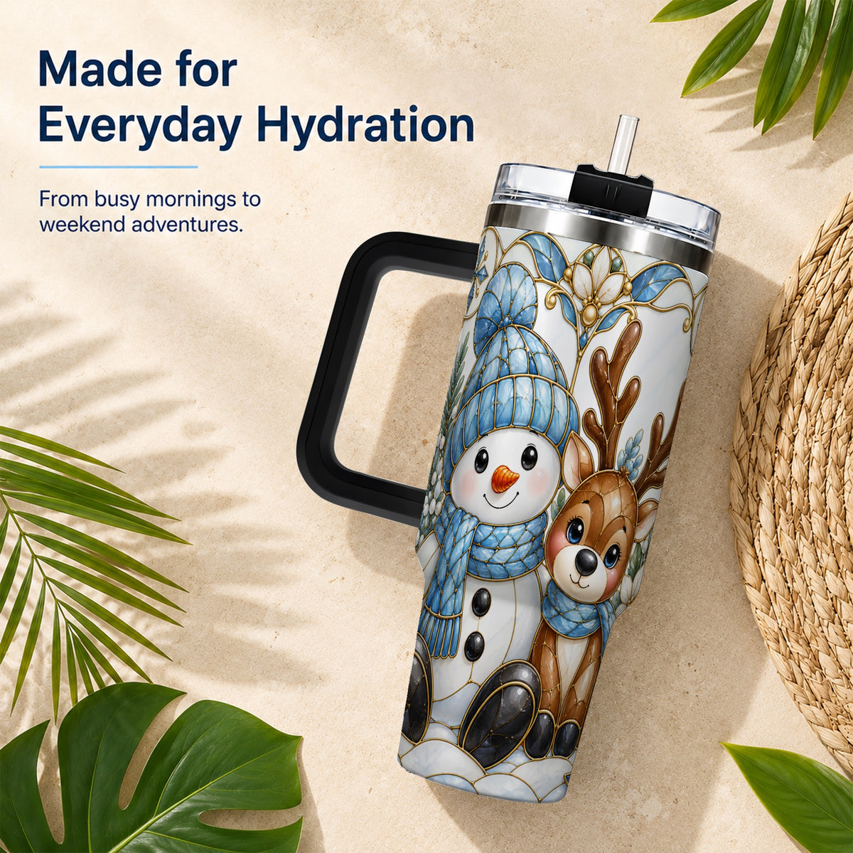 #pl[40oz|Black] Snowman Reindeer 40oz Tumbler with Handle, Winter Travel Cup