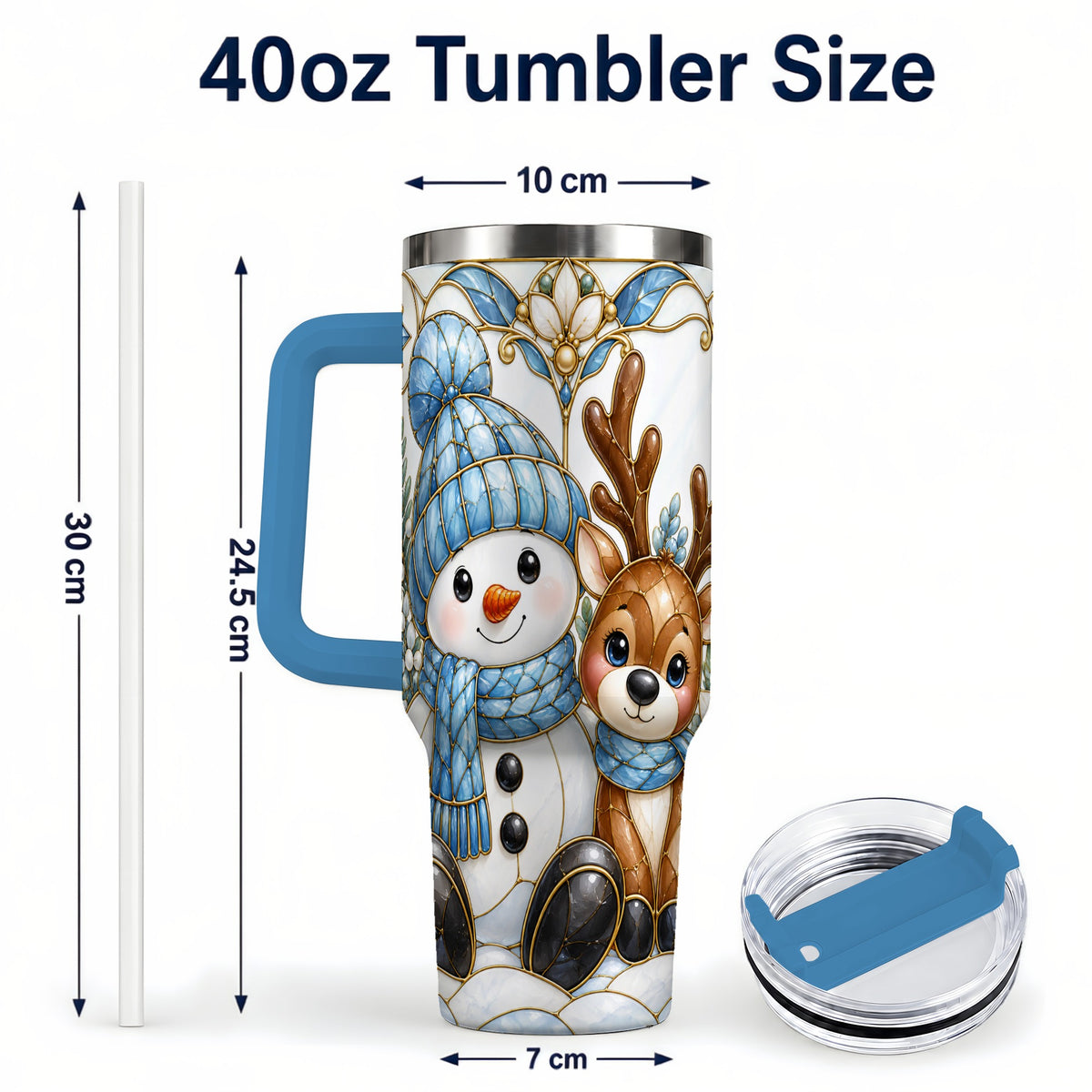#pl[40oz|Blue] Snowman Reindeer 40oz Tumbler with Handle, Winter Travel Cup