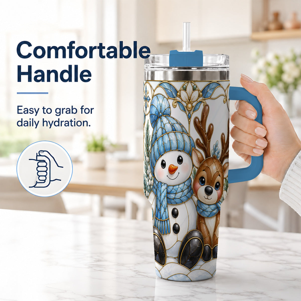 #pl[40oz|Blue] Snowman Reindeer 40oz Tumbler with Handle, Winter Travel Cup