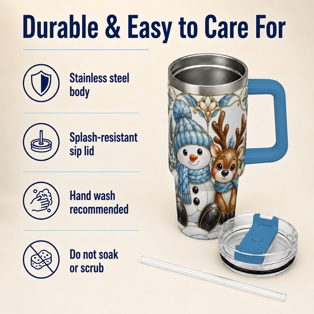 #pl[40oz|Blue] Snowman Reindeer 40oz Tumbler with Handle, Winter Travel Cup