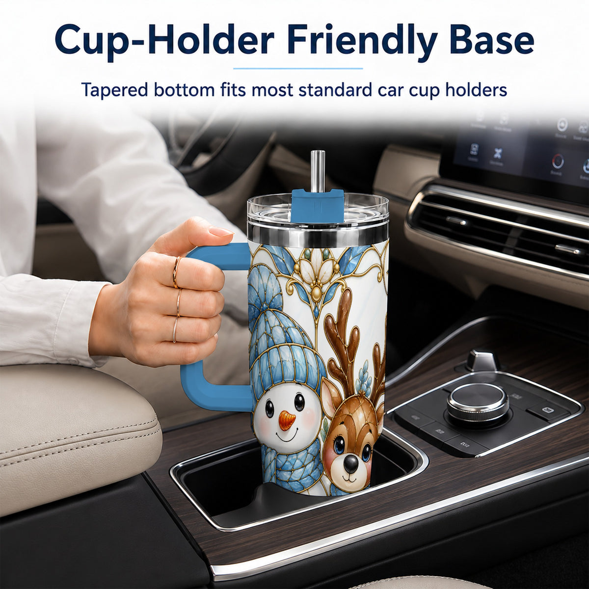 #pl[40oz|Blue] Snowman Reindeer 40oz Tumbler with Handle, Winter Travel Cup