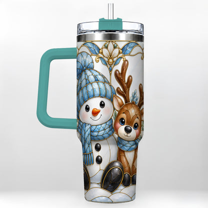 #pl[40oz|Green] Snowman Reindeer 40oz Tumbler with Handle, Winter Travel Cup