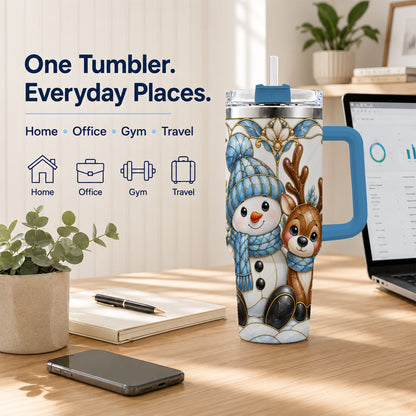 #pl[40oz|Blue] Snowman Reindeer 40oz Tumbler with Handle, Winter Travel Cup