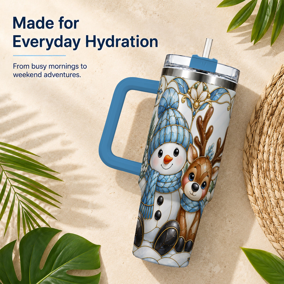 #pl[40oz|Blue] Snowman Reindeer 40oz Tumbler with Handle, Winter Travel Cup