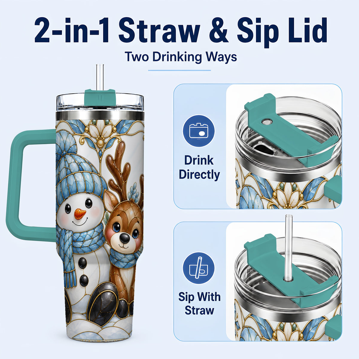 #pl[40oz|Green] Snowman Reindeer 40oz Tumbler with Handle, Winter Travel Cup