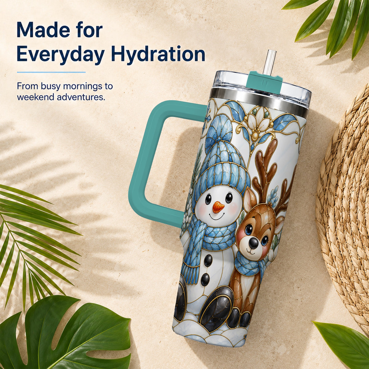 #pl[40oz|Green] Snowman Reindeer 40oz Tumbler with Handle, Winter Travel Cup