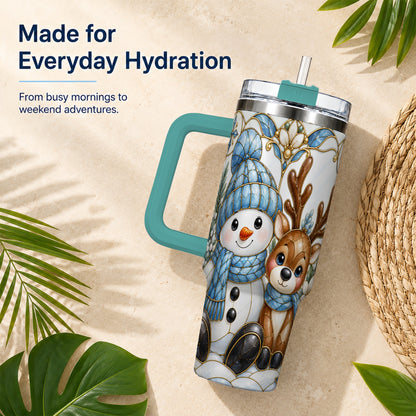 #pl[40oz|Green] Snowman Reindeer 40oz Tumbler with Handle, Winter Travel Cup