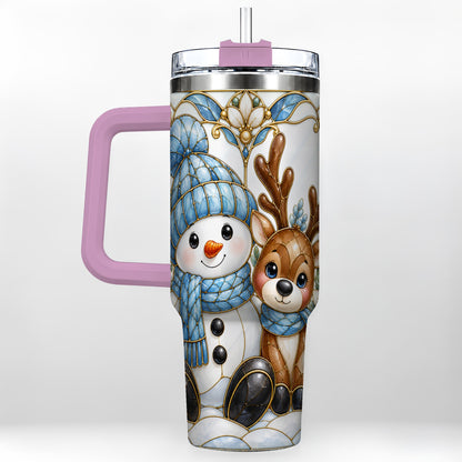 #pl[40oz|Pink] Snowman Reindeer 40oz Tumbler with Handle, Winter Travel Cup