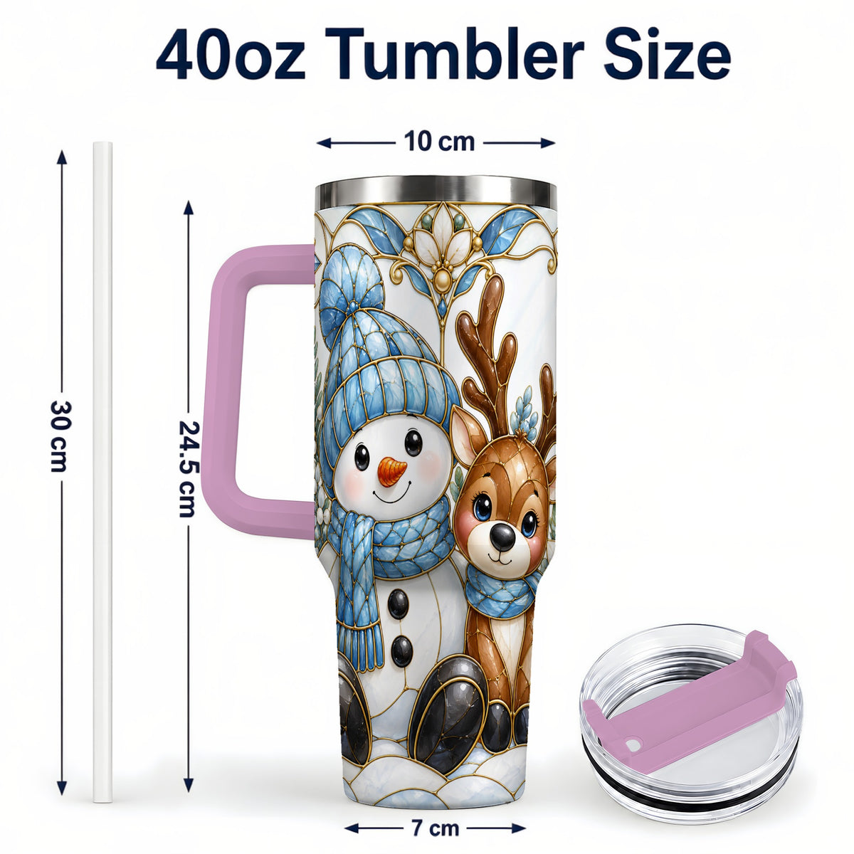#pl[40oz|Pink] Snowman Reindeer 40oz Tumbler with Handle, Winter Travel Cup