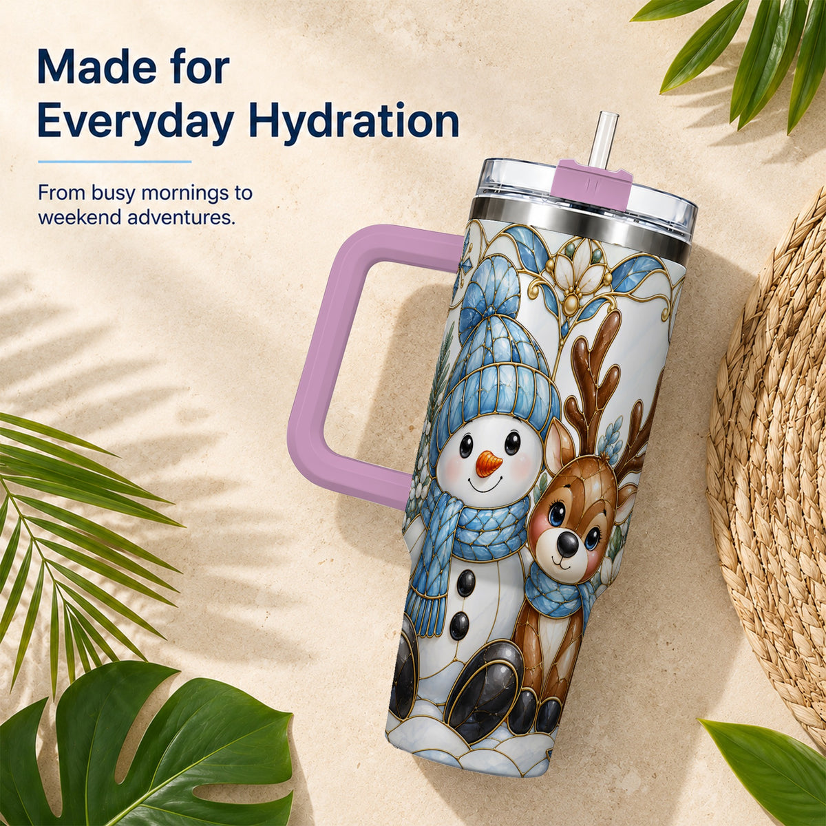 #pl[40oz|Pink] Snowman Reindeer 40oz Tumbler with Handle, Winter Travel Cup