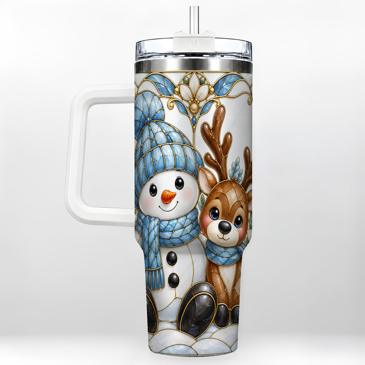 Snowman Reindeer 40oz Tumbler with Handle, Winter Travel Cup