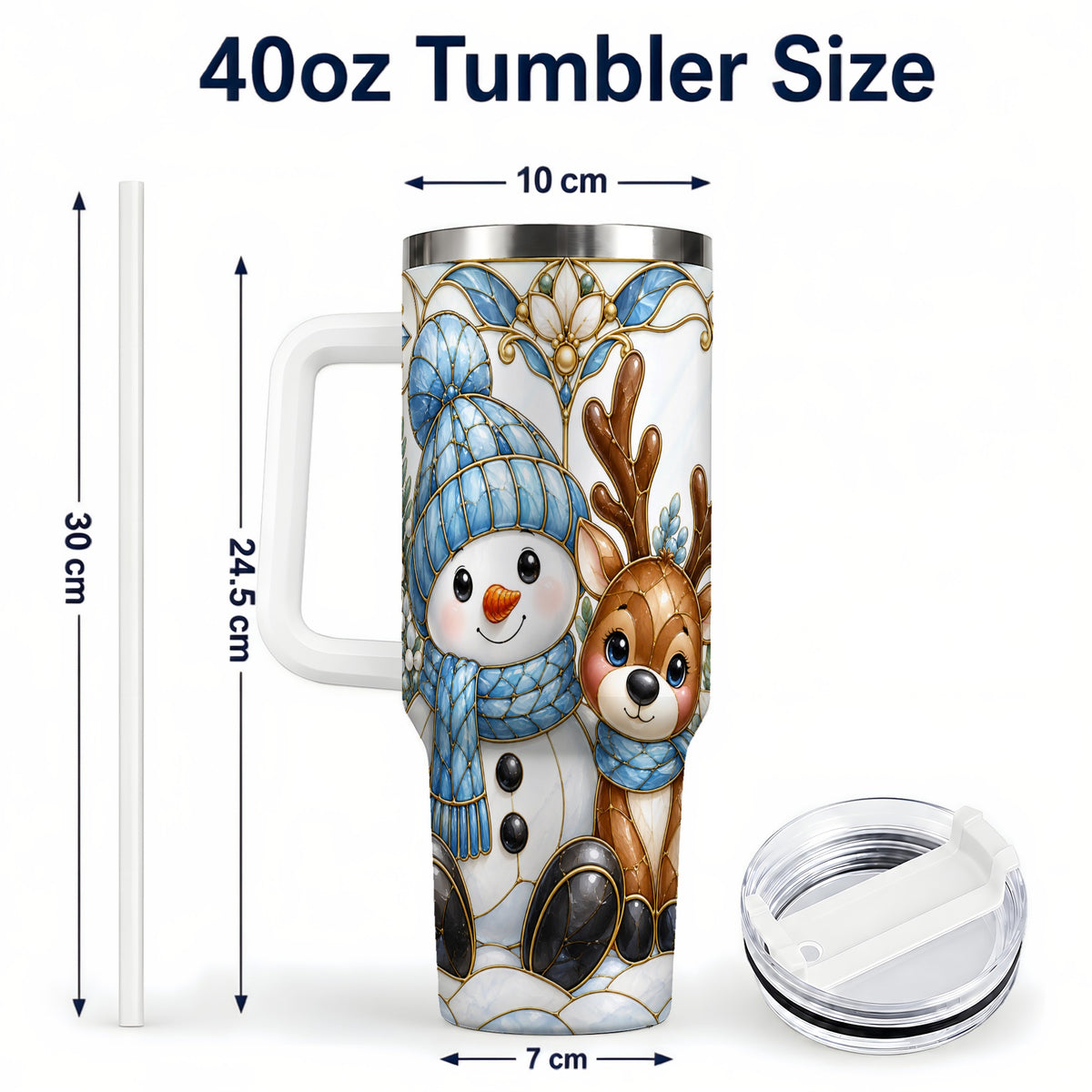 #pl[40oz|White] Snowman Reindeer 40oz Tumbler with Handle, Winter Travel Cup