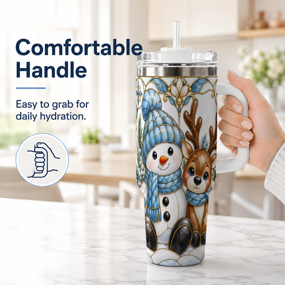 #pl[40oz|White] Snowman Reindeer 40oz Tumbler with Handle, Winter Travel Cup