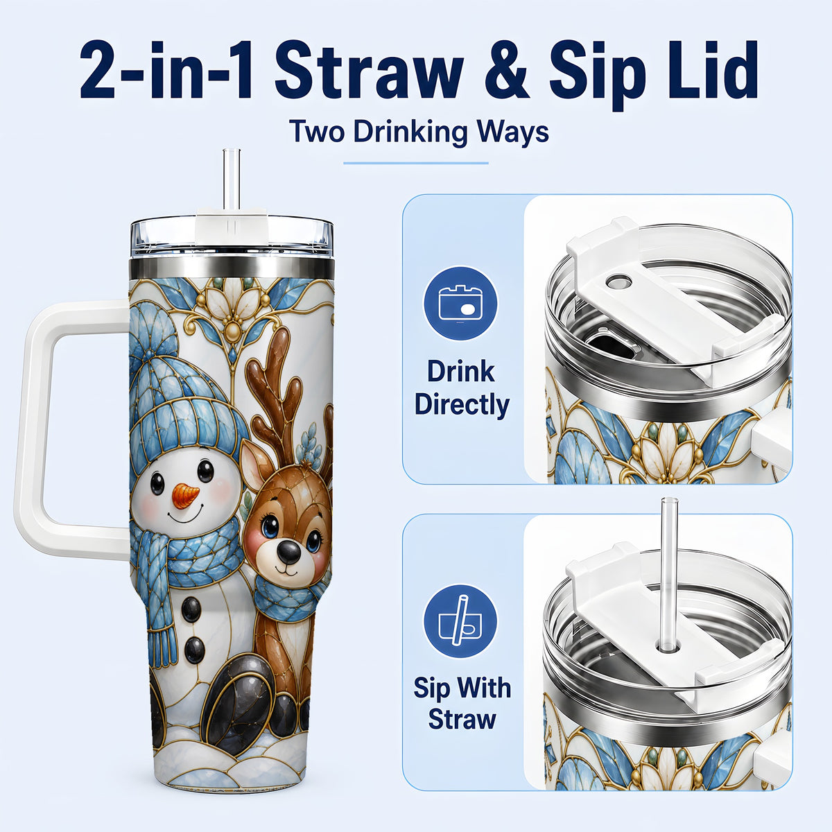#pl[40oz|White] Snowman Reindeer 40oz Tumbler with Handle, Winter Travel Cup