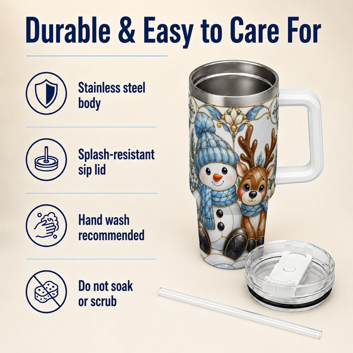 #pl[40oz|White] Snowman Reindeer 40oz Tumbler with Handle, Winter Travel Cup