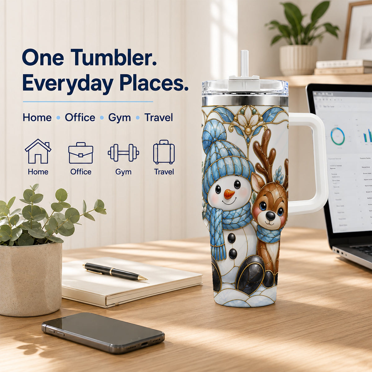 #pl[40oz|White] Snowman Reindeer 40oz Tumbler with Handle, Winter Travel Cup
