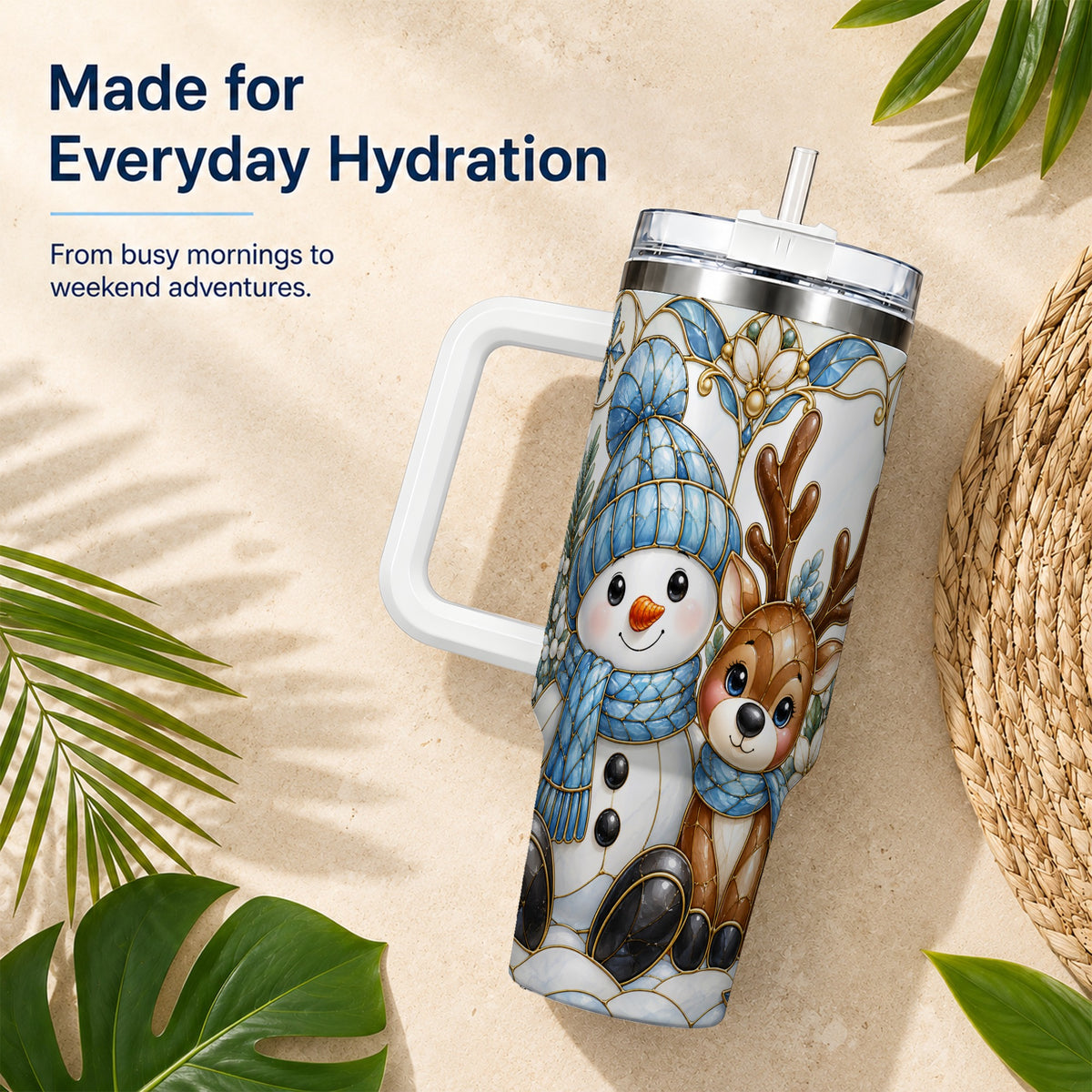 #pl[40oz|White] Snowman Reindeer 40oz Tumbler with Handle, Winter Travel Cup
