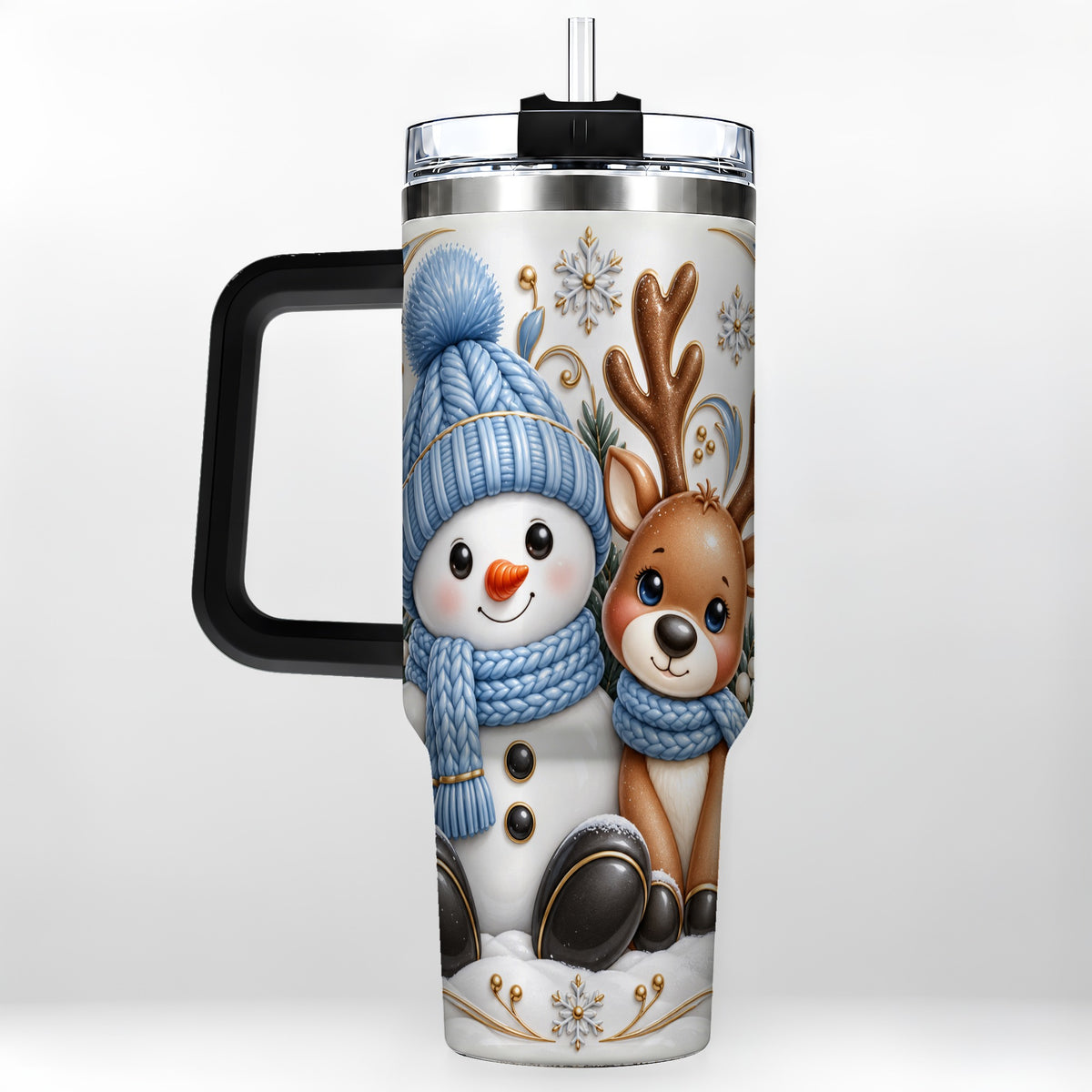 #pl[40oz|Black] Snowman Reindeer 40oz Tumbler with Handle, Cozy Winter Travel Cup