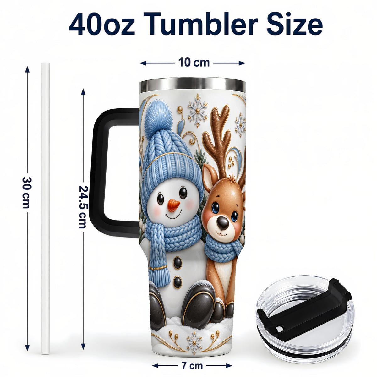 #pl[40oz|Black] Snowman Reindeer 40oz Tumbler with Handle, Cozy Winter Travel Cup