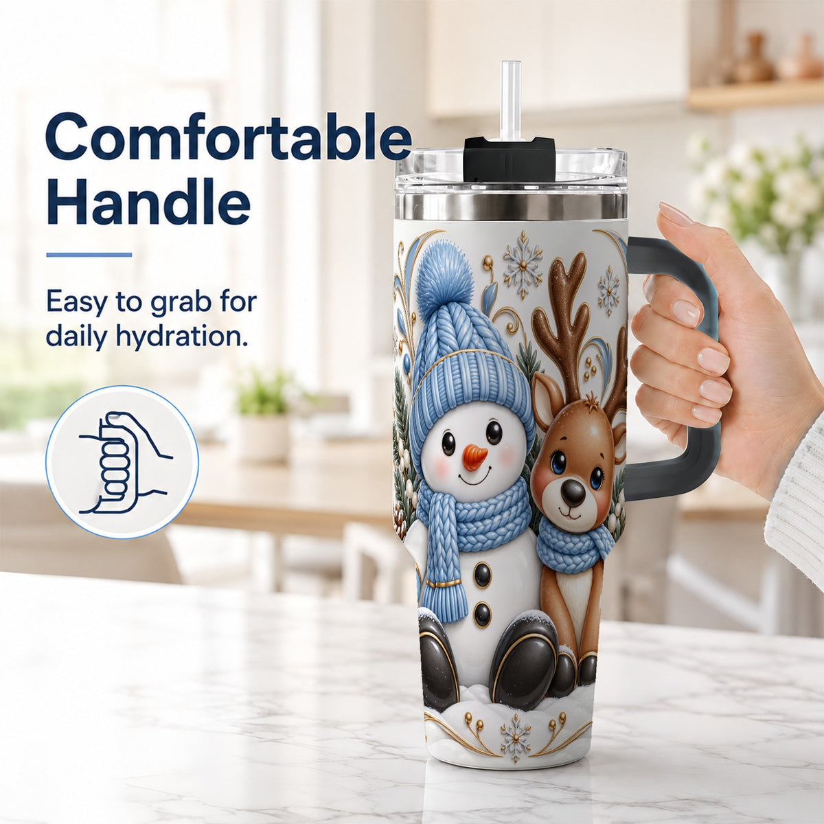 #pl[40oz|Black] Snowman Reindeer 40oz Tumbler with Handle, Cozy Winter Travel Cup