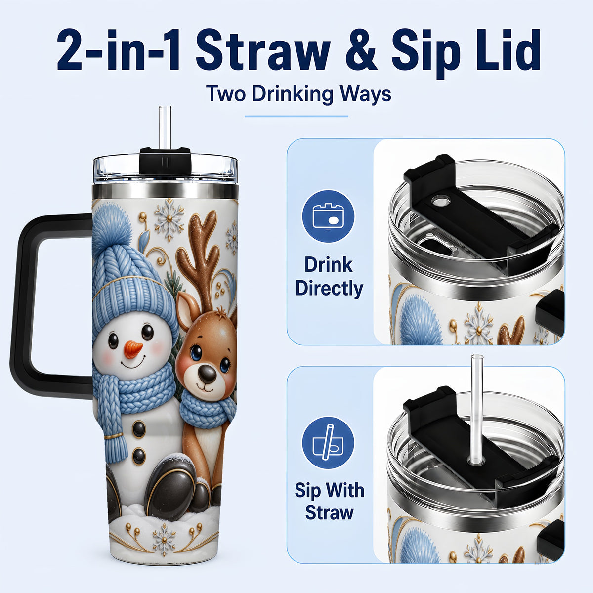#pl[40oz|Black] Snowman Reindeer 40oz Tumbler with Handle, Cozy Winter Travel Cup