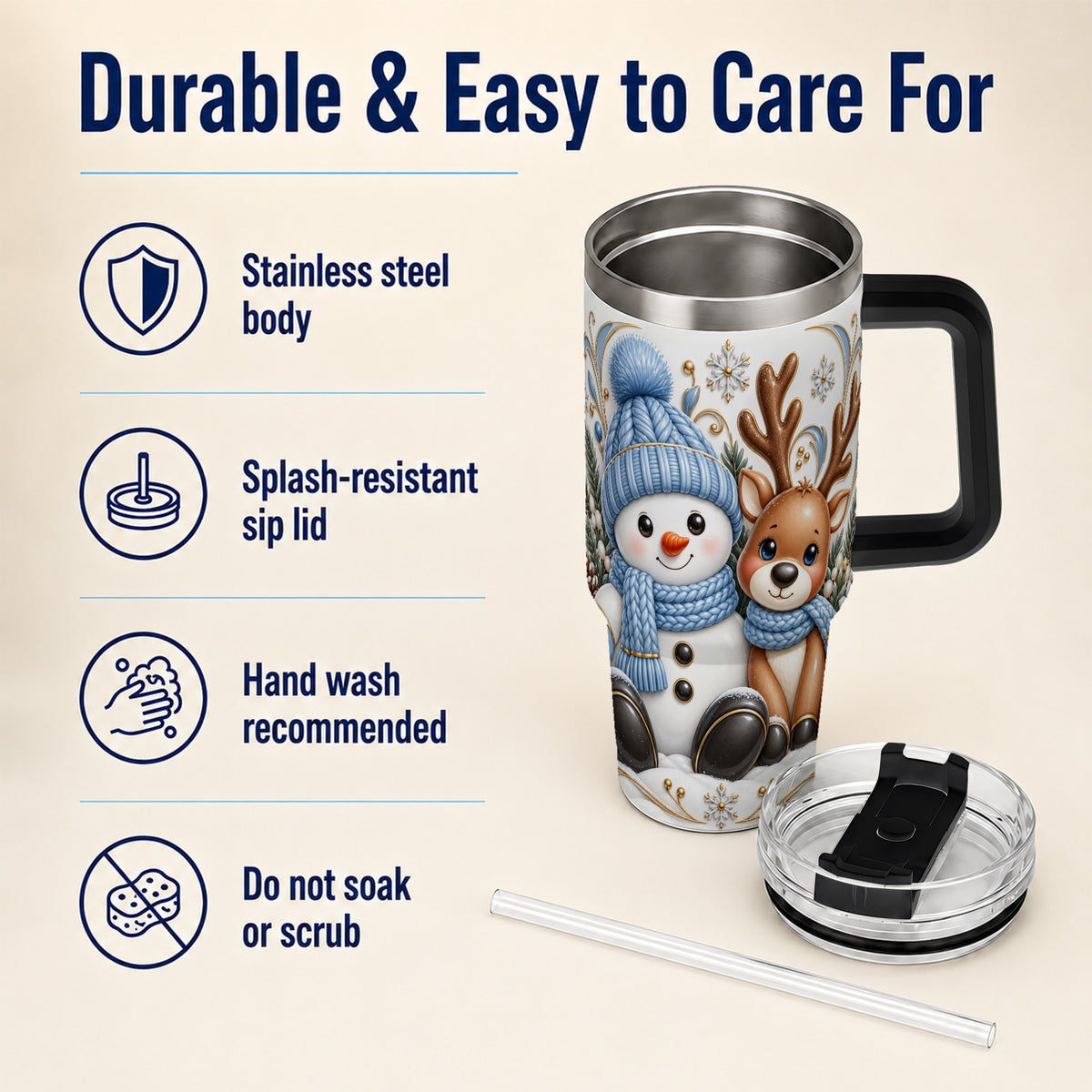 #pl[40oz|Black] Snowman Reindeer 40oz Tumbler with Handle, Cozy Winter Travel Cup