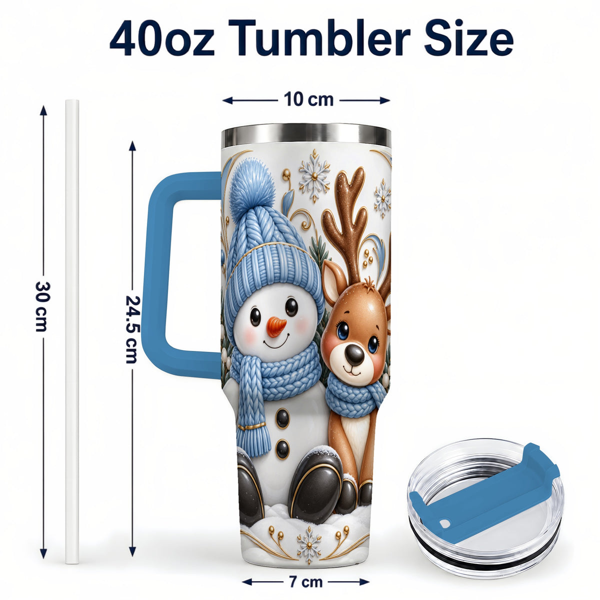 #pl[40oz|Blue] Snowman Reindeer 40oz Tumbler with Handle, Cozy Winter Travel Cup