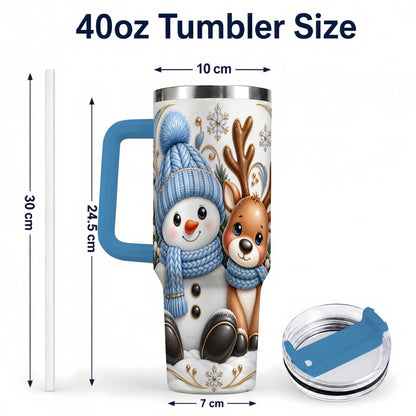 #pl[40oz|Blue] Snowman Reindeer 40oz Tumbler with Handle, Cozy Winter Travel Cup