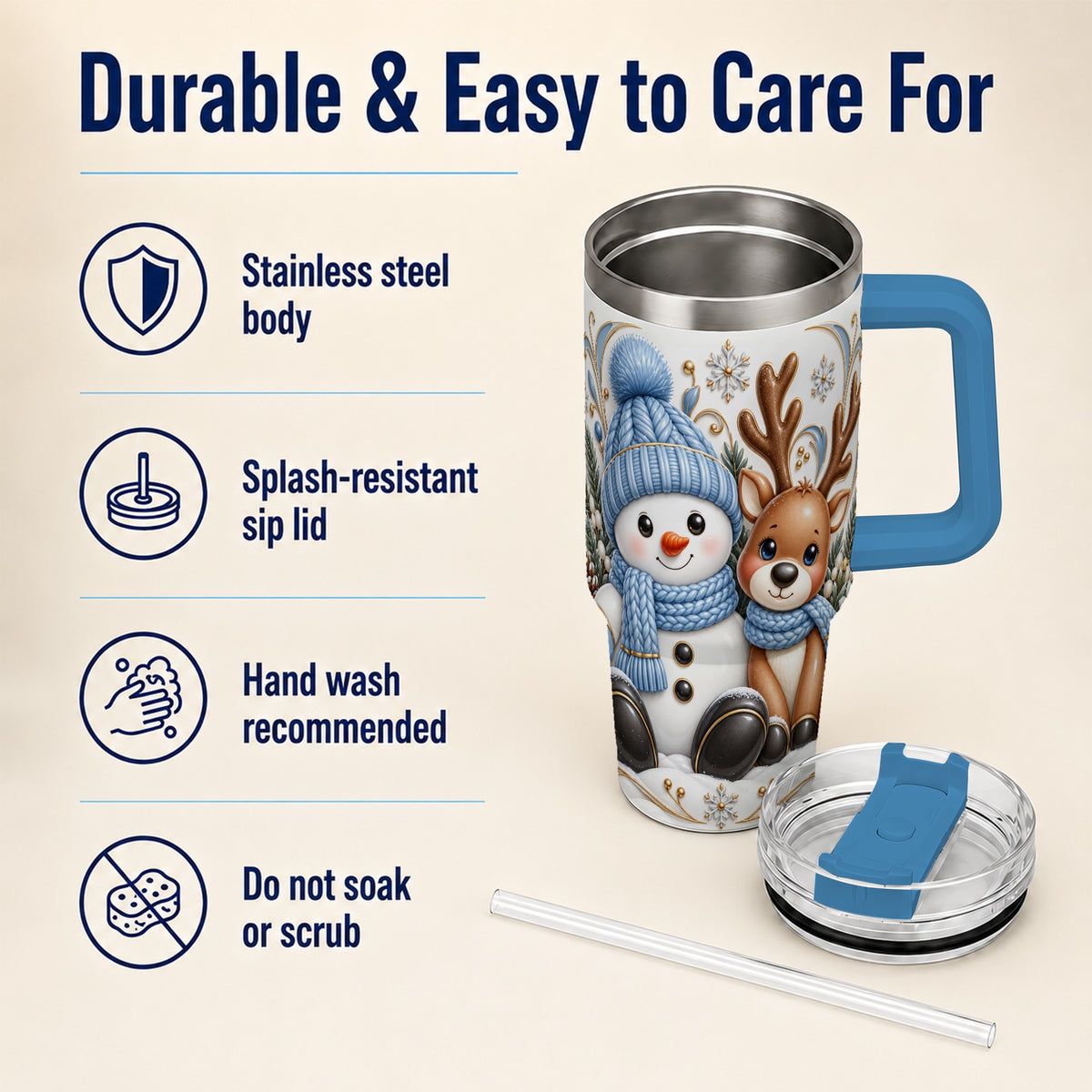#pl[40oz|Blue] Snowman Reindeer 40oz Tumbler with Handle, Cozy Winter Travel Cup