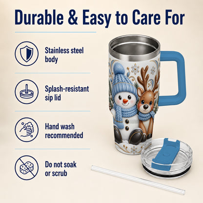 #pl[40oz|Blue] Snowman Reindeer 40oz Tumbler with Handle, Cozy Winter Travel Cup