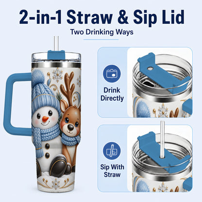 #pl[40oz|Blue] Snowman Reindeer 40oz Tumbler with Handle, Cozy Winter Travel Cup