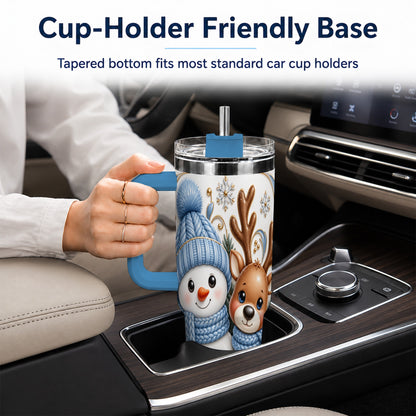 #pl[40oz|Blue] Snowman Reindeer 40oz Tumbler with Handle, Cozy Winter Travel Cup