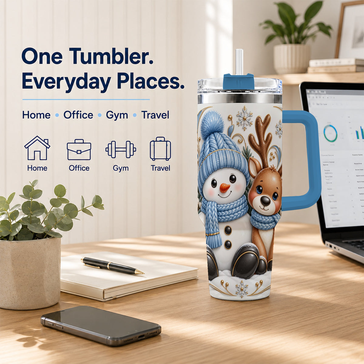 #pl[40oz|Blue] Snowman Reindeer 40oz Tumbler with Handle, Cozy Winter Travel Cup