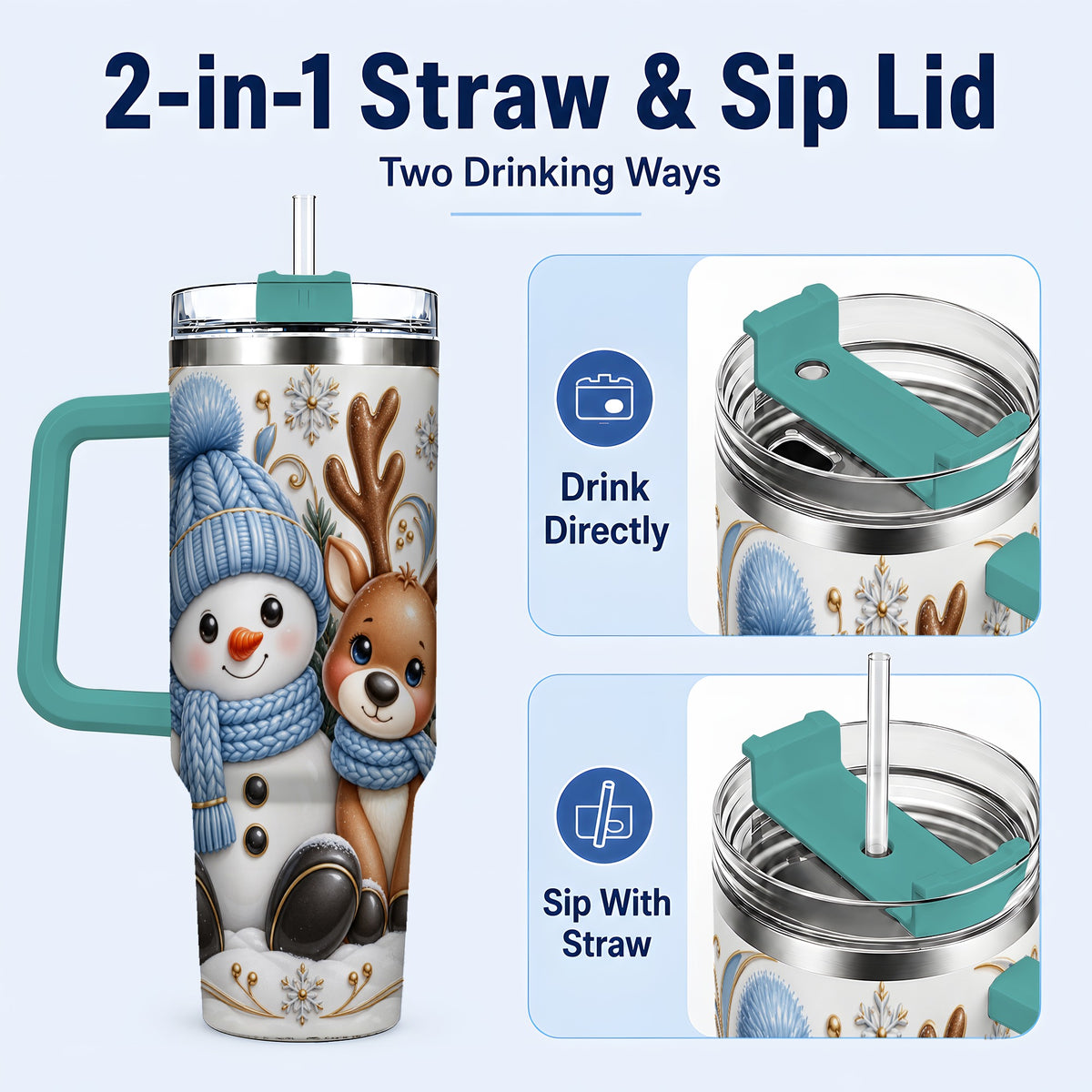 #pl[40oz|Green] Snowman Reindeer 40oz Tumbler with Handle, Cozy Winter Travel Cup