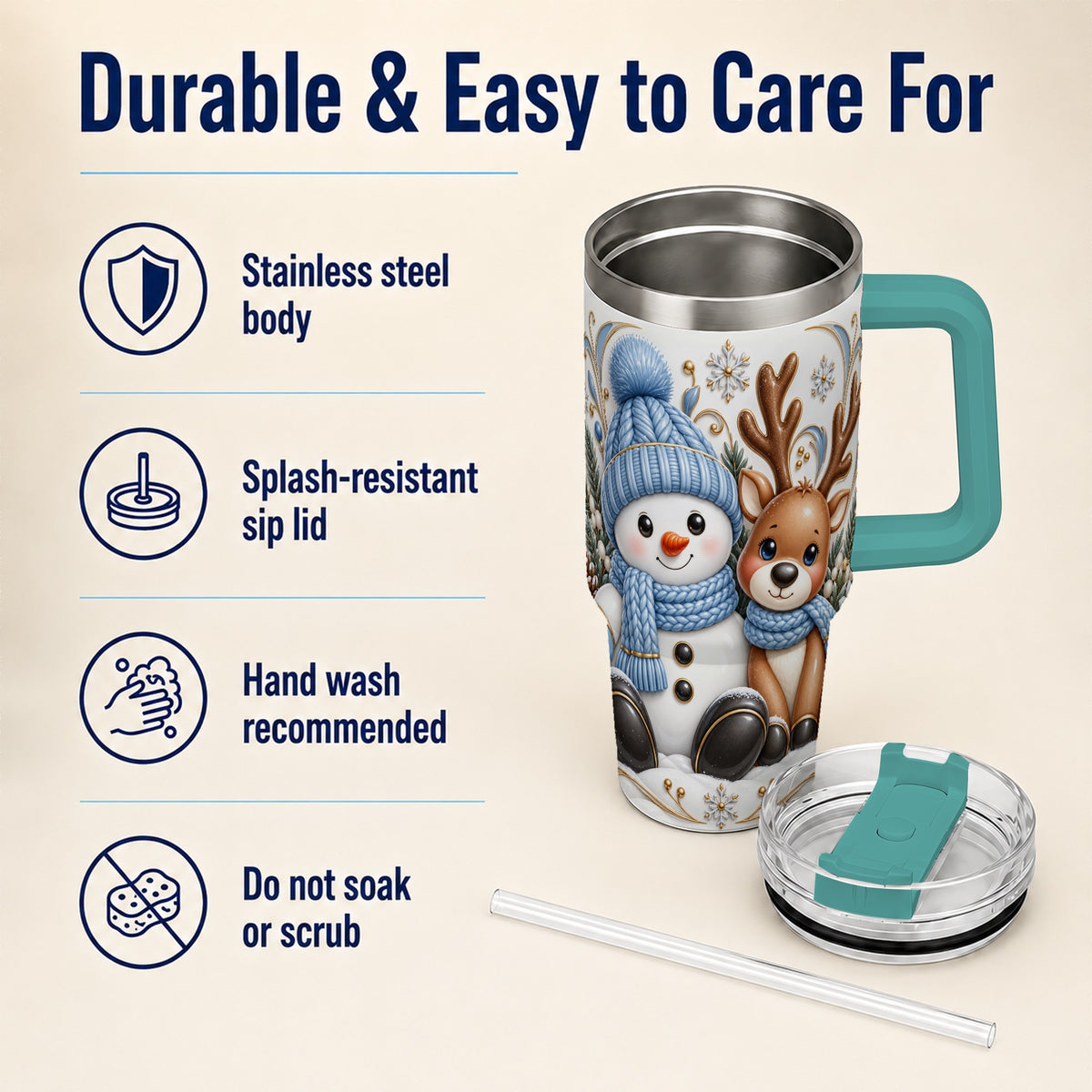 #pl[40oz|Green] Snowman Reindeer 40oz Tumbler with Handle, Cozy Winter Travel Cup