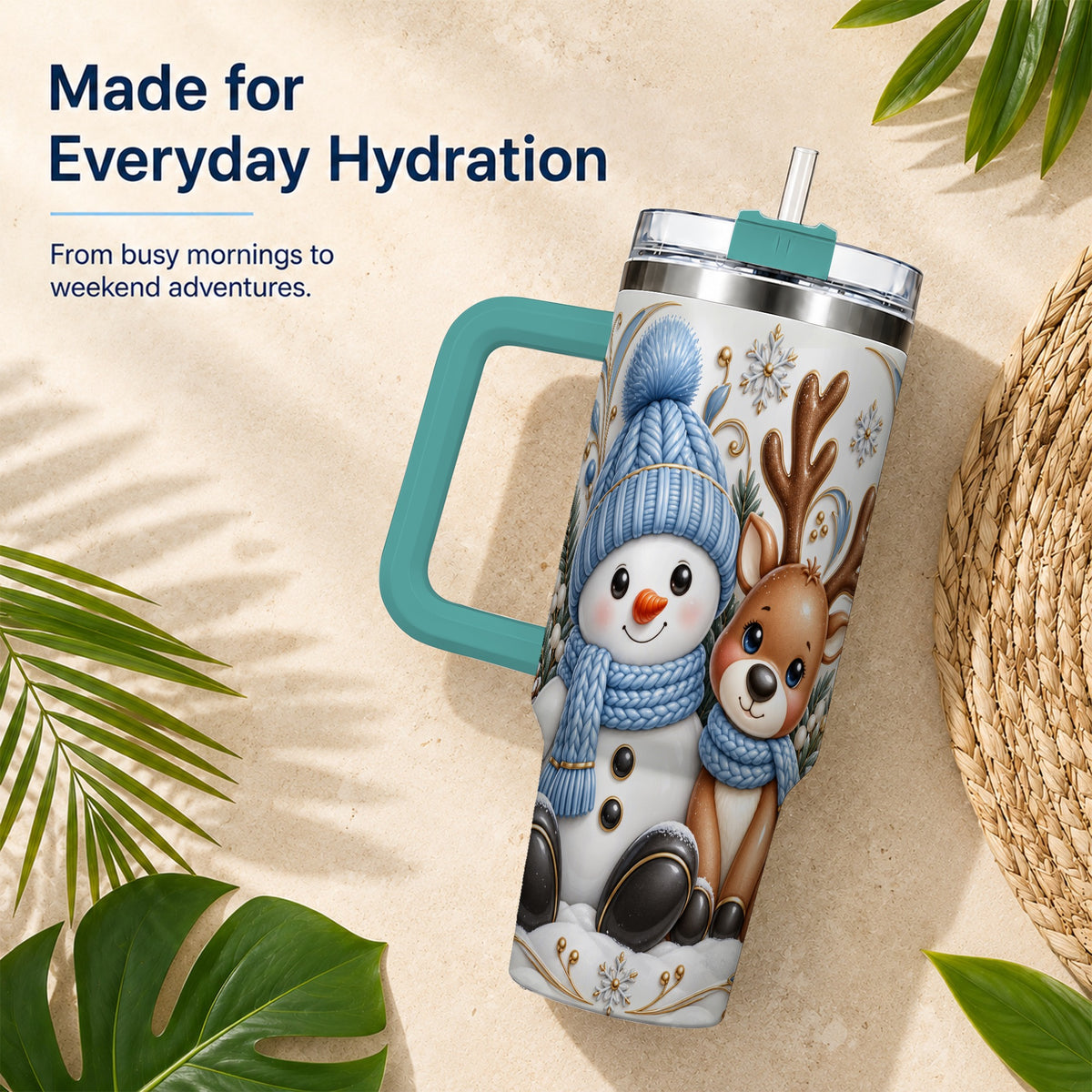 #pl[40oz|Green] Snowman Reindeer 40oz Tumbler with Handle, Cozy Winter Travel Cup