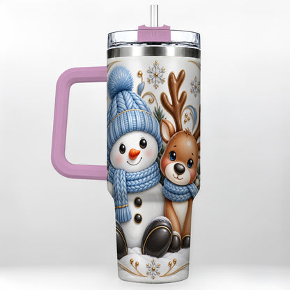 #pl[40oz|Pink] Snowman Reindeer 40oz Tumbler with Handle, Cozy Winter Travel Cup