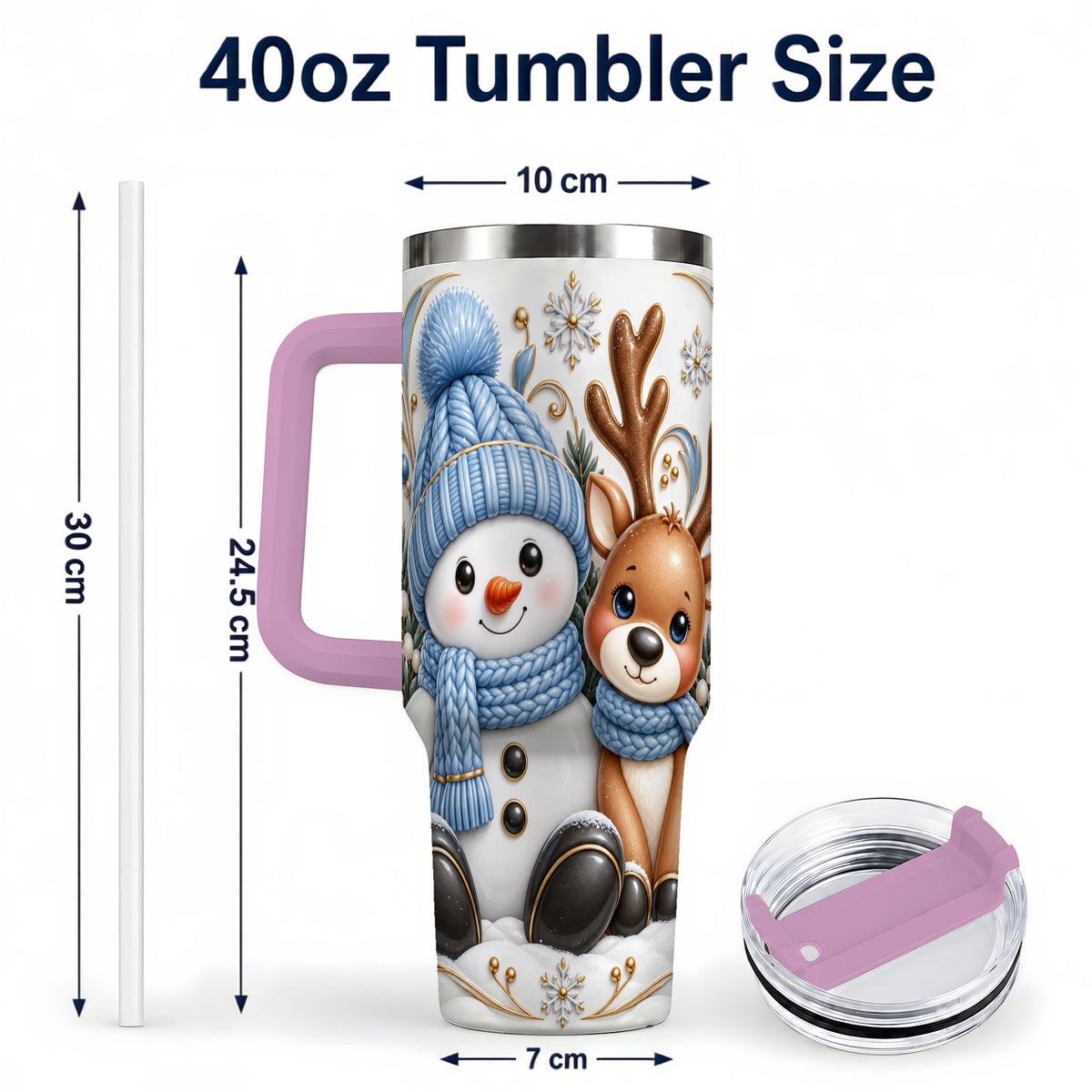 #pl[40oz|Pink] Snowman Reindeer 40oz Tumbler with Handle, Cozy Winter Travel Cup