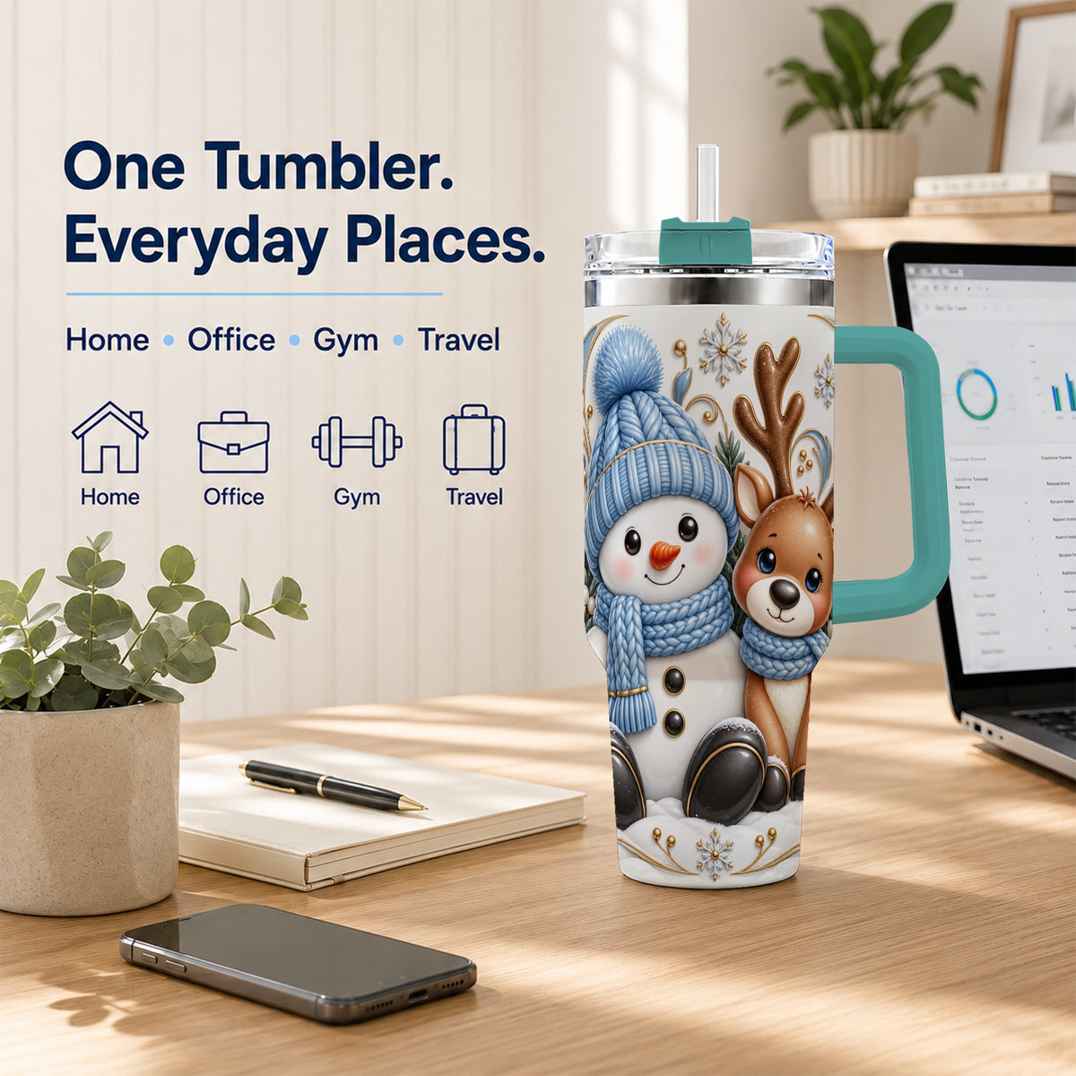 #pl[40oz|Green] Snowman Reindeer 40oz Tumbler with Handle, Cozy Winter Travel Cup