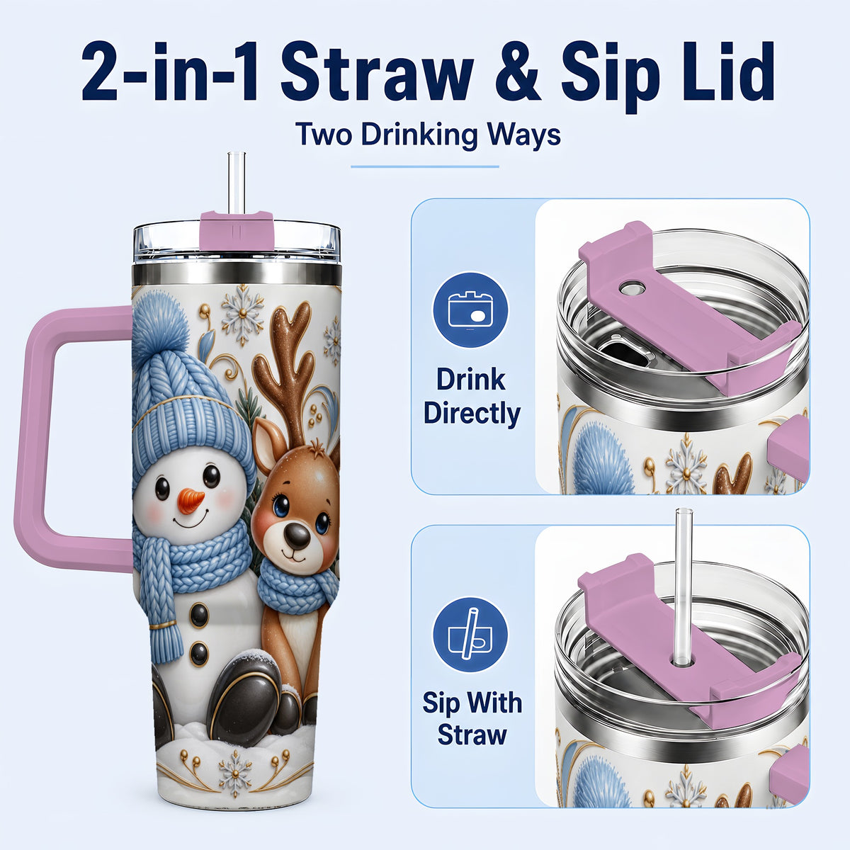 #pl[40oz|Pink] Snowman Reindeer 40oz Tumbler with Handle, Cozy Winter Travel Cup