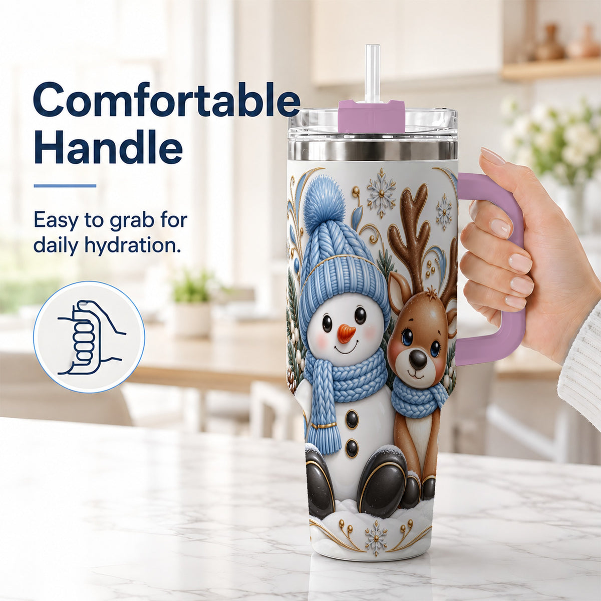 #pl[40oz|Pink] Snowman Reindeer 40oz Tumbler with Handle, Cozy Winter Travel Cup