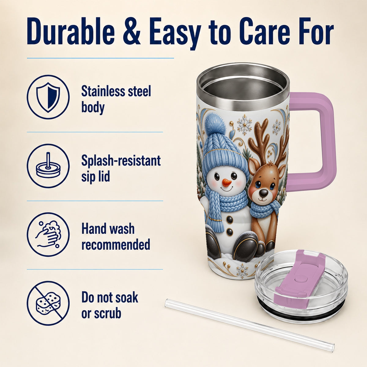 #pl[40oz|Pink] Snowman Reindeer 40oz Tumbler with Handle, Cozy Winter Travel Cup