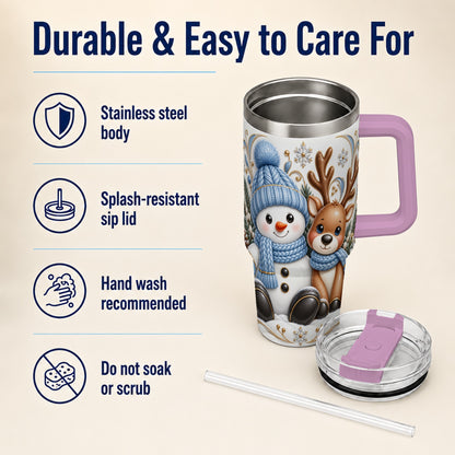 #pl[40oz|Pink] Snowman Reindeer 40oz Tumbler with Handle, Cozy Winter Travel Cup