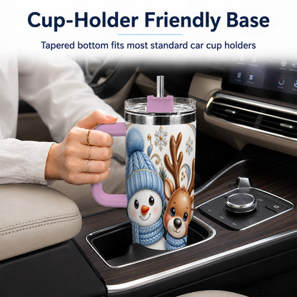#pl[40oz|Pink] Snowman Reindeer 40oz Tumbler with Handle, Cozy Winter Travel Cup